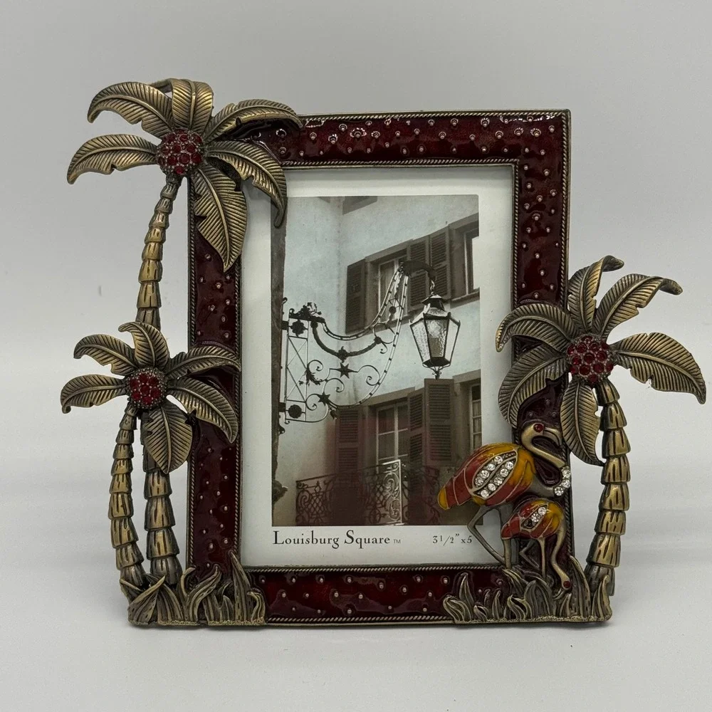 Louisburg Square Jeweled Picture Frame Burgundy Enamel Flamingo Palm Tree 6x8